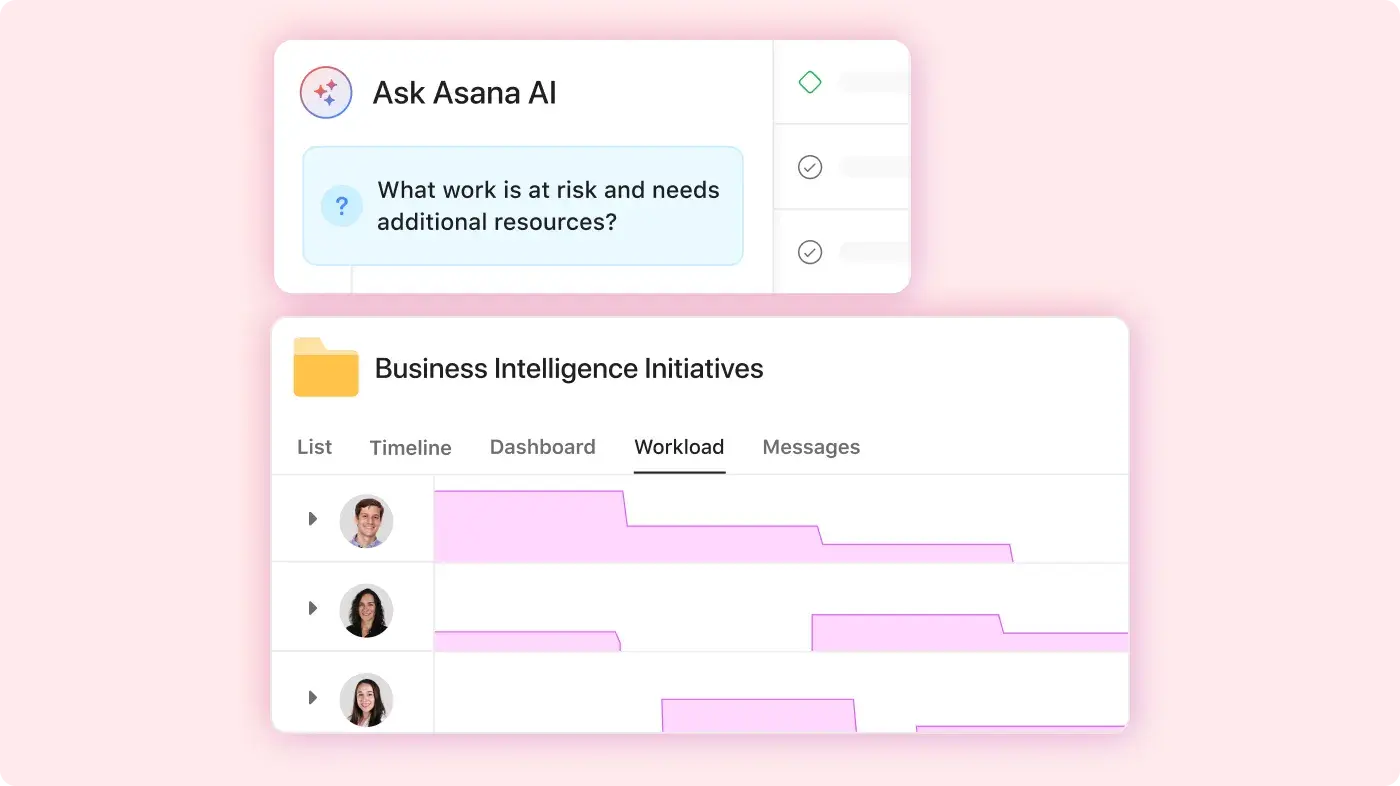 Zdjęcie dwóch pracowników korzystających z funkcji Asana Intelligence: uproszczony interfejs użytkownika produktu w Asanie