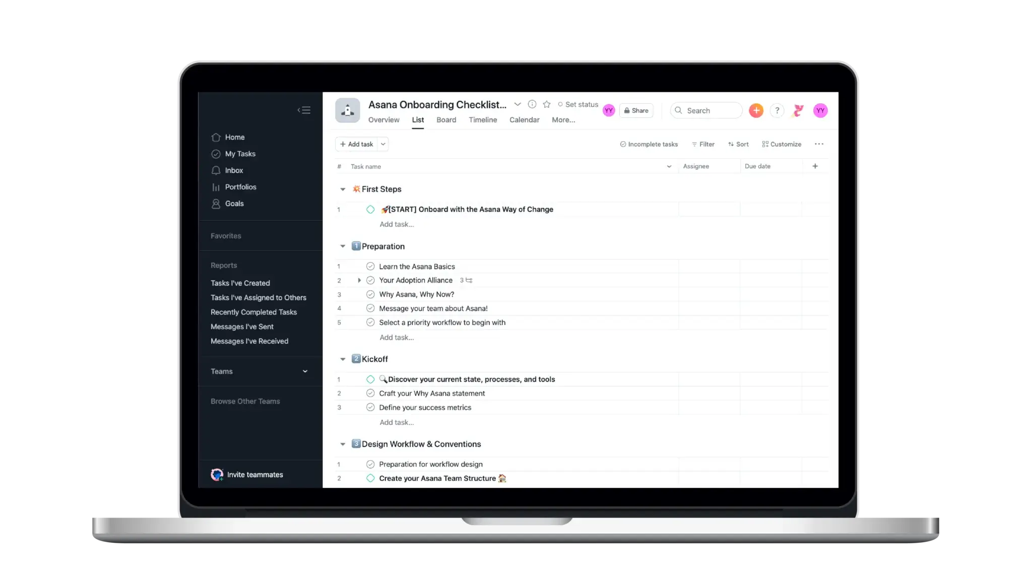 Asana oboarding checklist