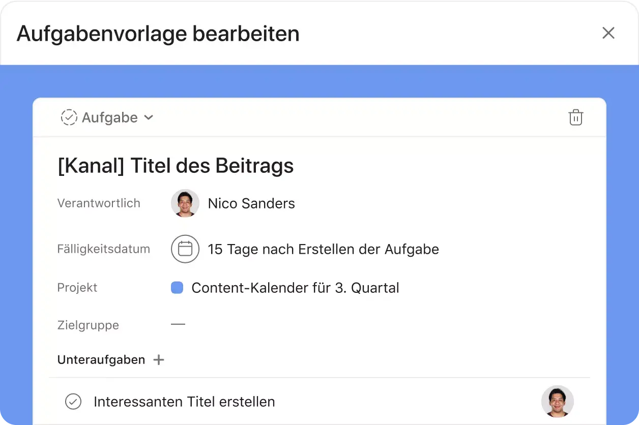 Aufgabenvorlage bearbeiten – Asana-Produkt-UI