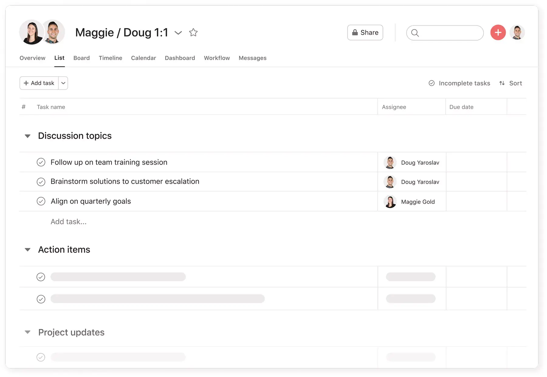 [Interface do produto] Projeto de ata de reunião a dois na Asana com tópicos de discussão e ações a realizar (visualização em lista)