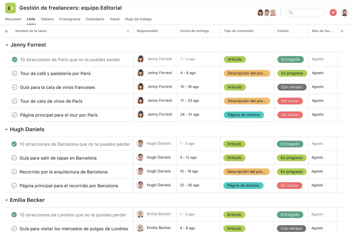 [Interfaz de usuario del producto] Proyecto de gestión de freelancers en Asana, vista del proyecto en formato de hoja de cálculo (lista)