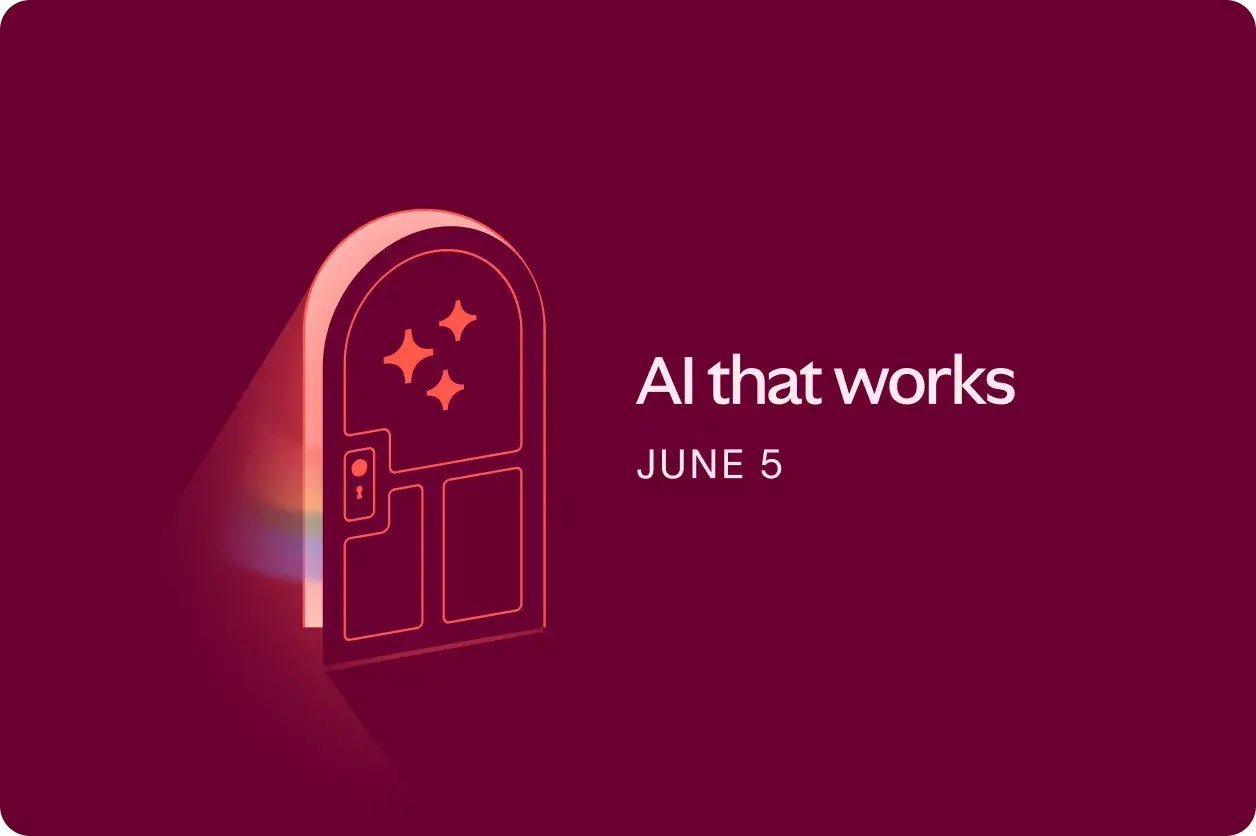 Illustration of a door opening next to the teaser headline "AI that works, June 5th" 