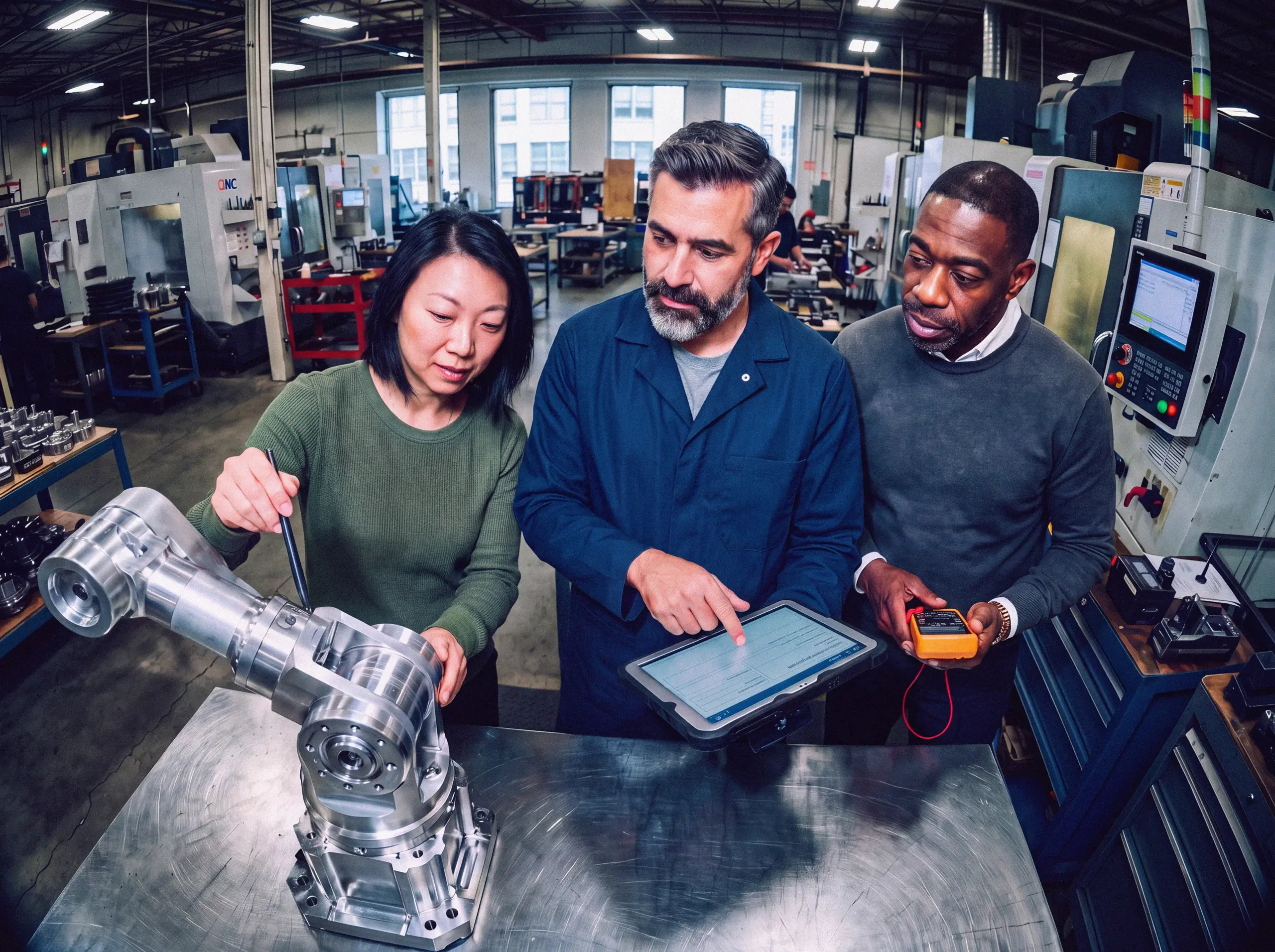 Three people reviewing a robotic arm