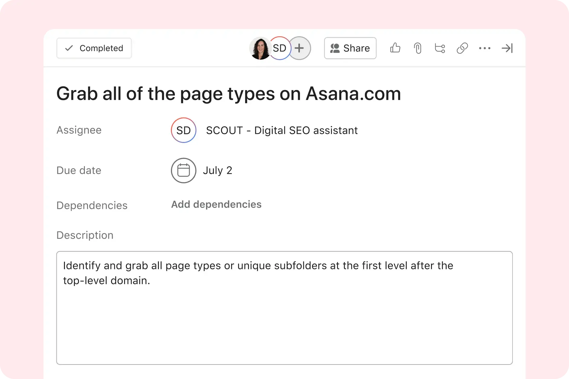 Asana product UI image showing an SEO assistant AI Teammate being asked with grabbing all page types on Asana.com