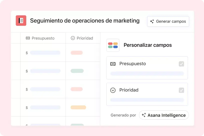 Interfaz de usuario de Asana donde se muestra cómo Asana Intelligence genera campos personalizados para un proyecto “Seguimiento de operaciones de marketing”.