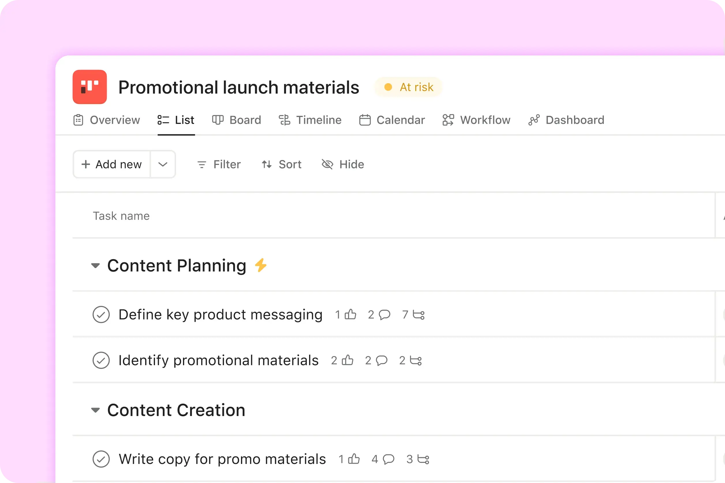 Product UI image showing a how Asana's product marketing team uses Asana to create a product launch project.