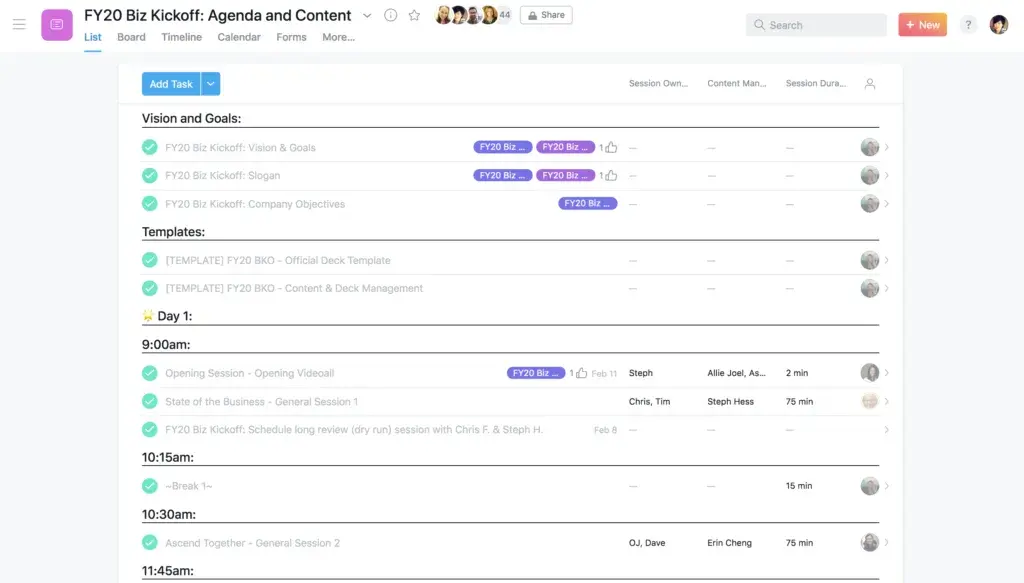 Asana BKO agenda content project