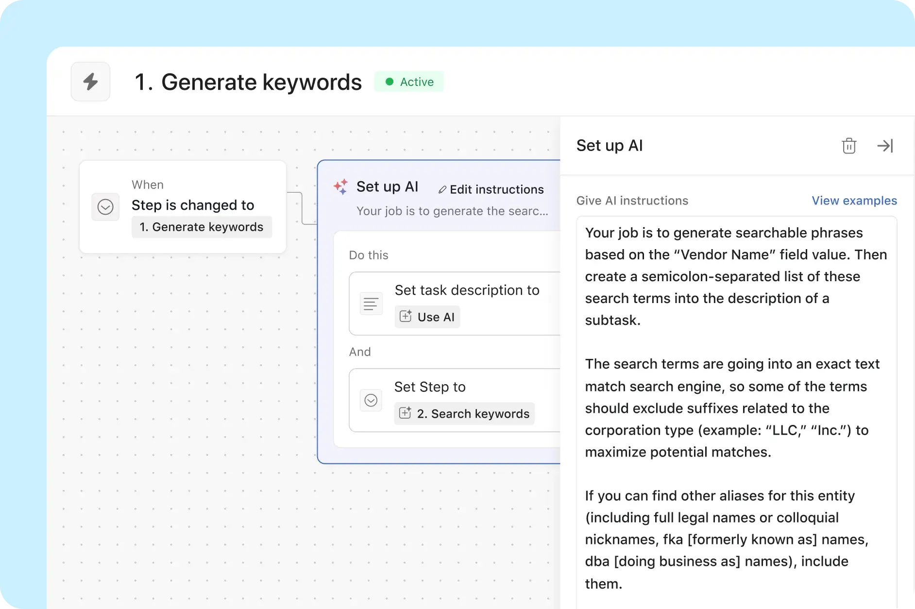 UI showing the first step in the Asana procurement team's workflow using Asana AI to search for relevant historical tasks