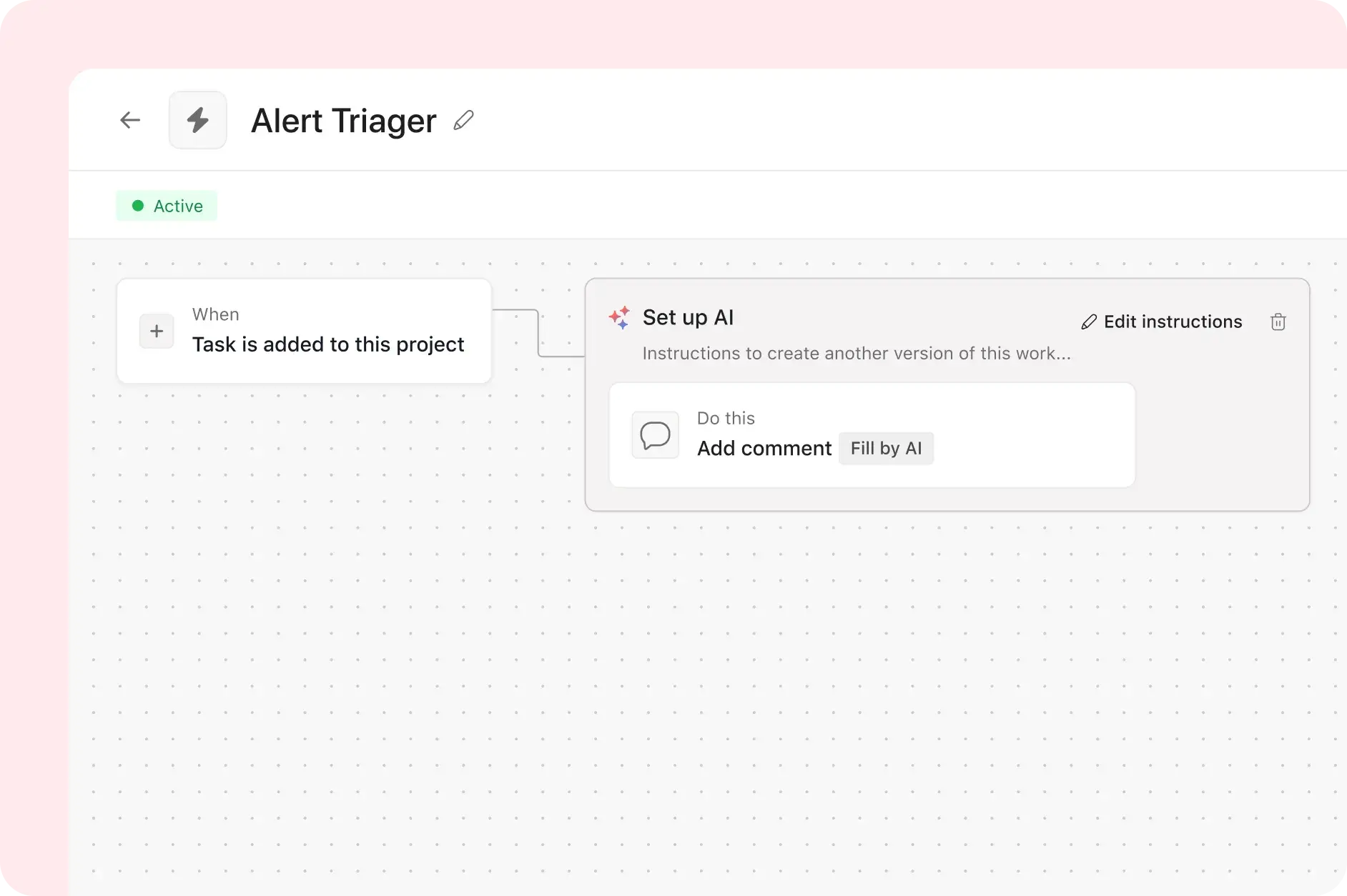 Product UI image showcasing how to use Asana AI Studio to triage security alerts