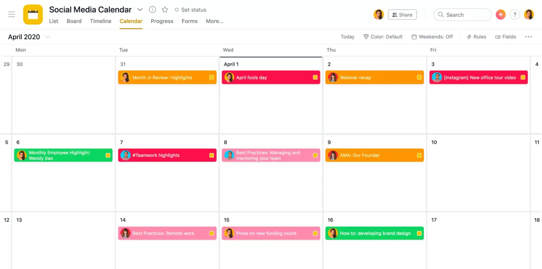 [Old Product UI] Social media calendar in Asana (Calendar View)