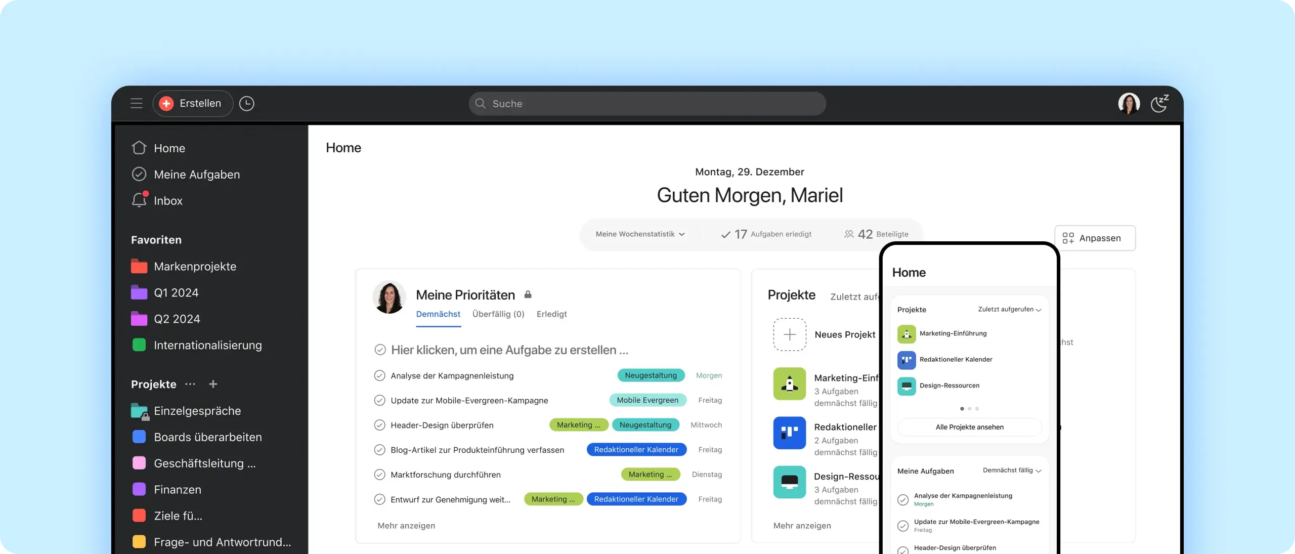 Die mobile App und Desktop-App von Asana