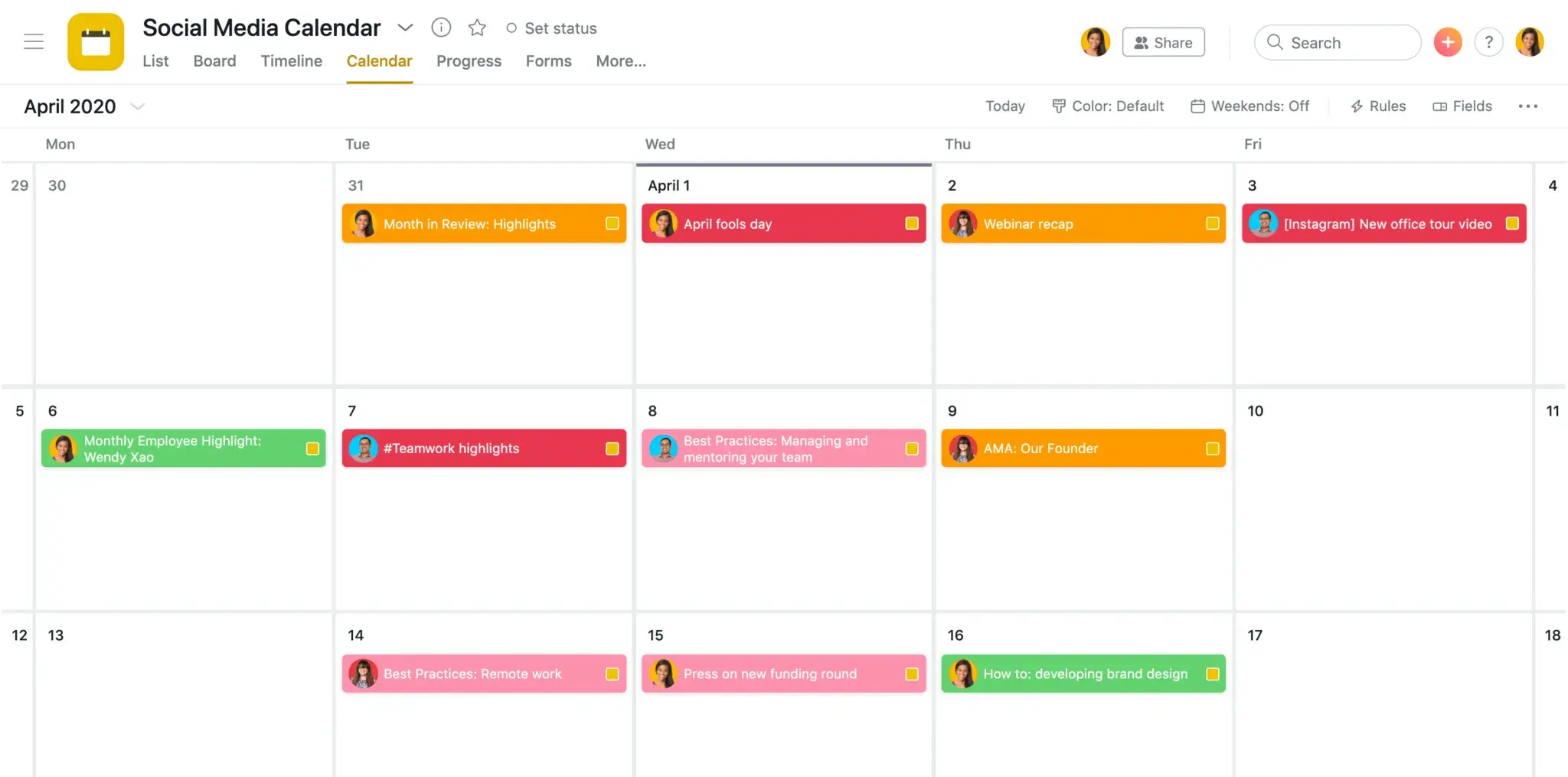 Product UI: Calendar view in Asana