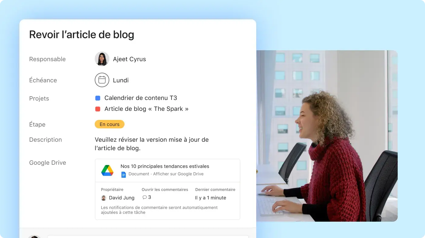 Collaborateur travaillant sur du contenu sur Asana - Exemple de l’interface utilisateur produit