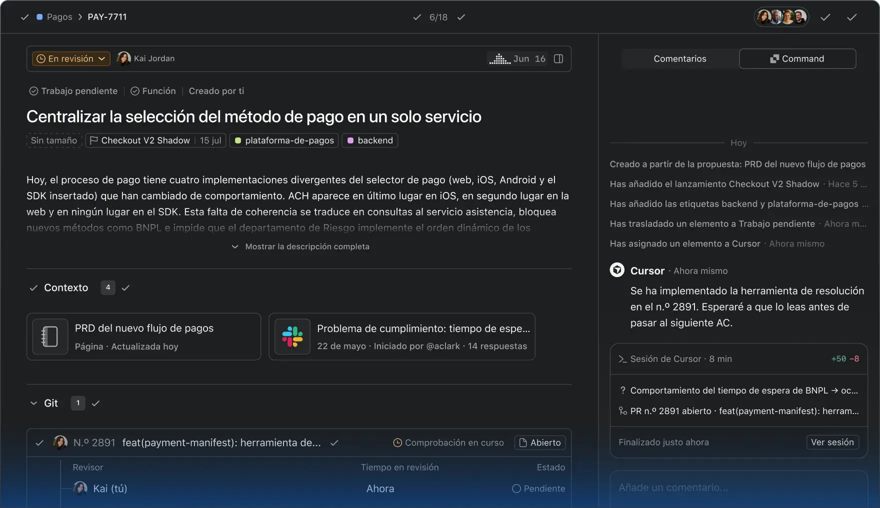 Dark mode issue tracker UI for a task to centralize payment methods. It displays the description, active Git PRs with pending reviewers, linked context docs, and an activity sidebar showing an AI Cursor integration pushing code.