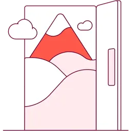 Illustration of a mountain behind an open door