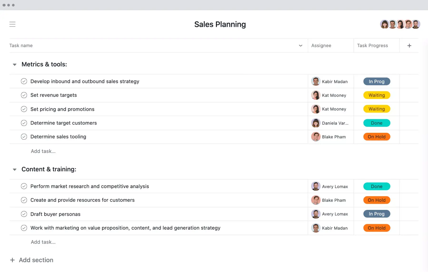 [Вид списка] Проект планирования продаж в Asana, представление в стиле электронной таблицы с ожидаемыми результатами проекта