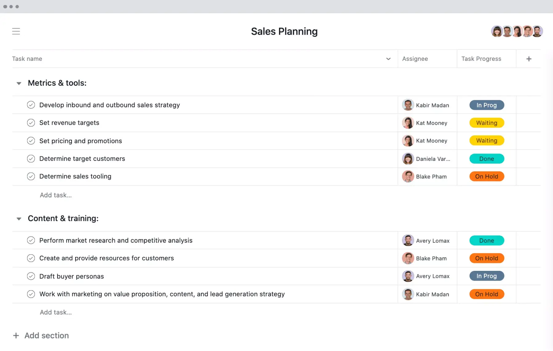 [Vista de Lista] Proyecto de planificación de ventas en Asana, en una vista al estilo de una hoja de cálculo con entregables del proyecto