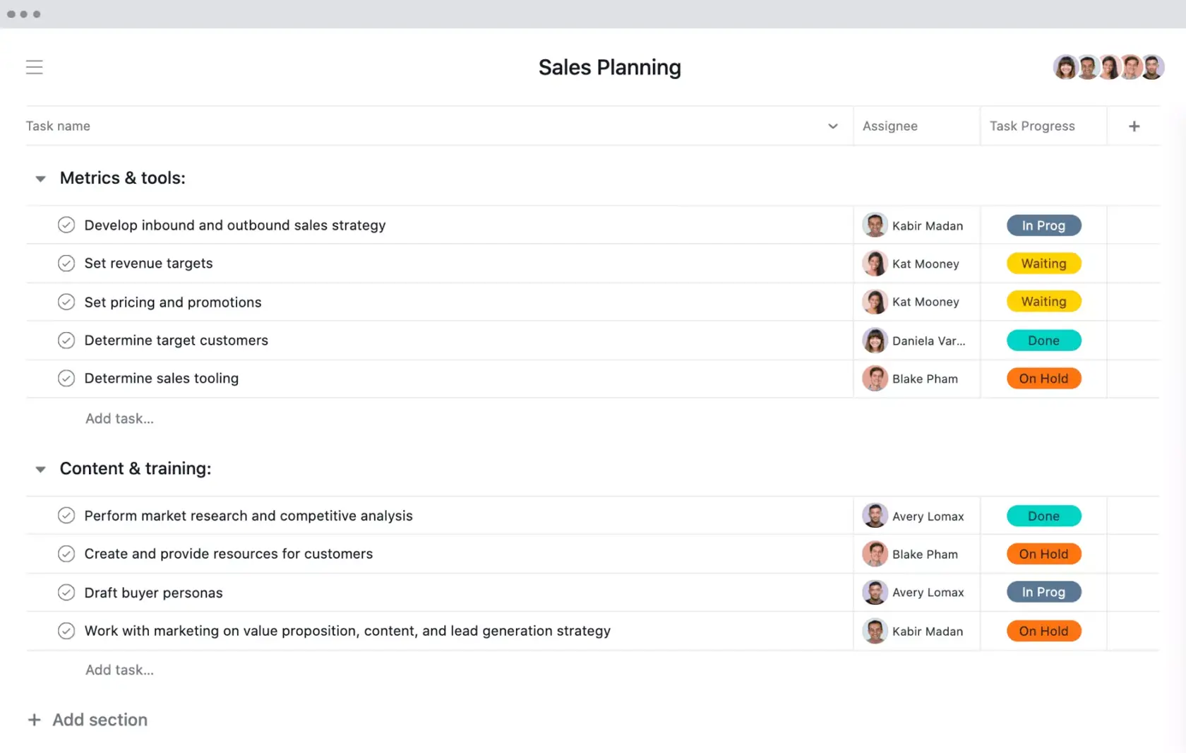 [Вид списка] Проект планирования продаж в Asana, представление в стиле электронной таблицы с ожидаемыми результатами проекта