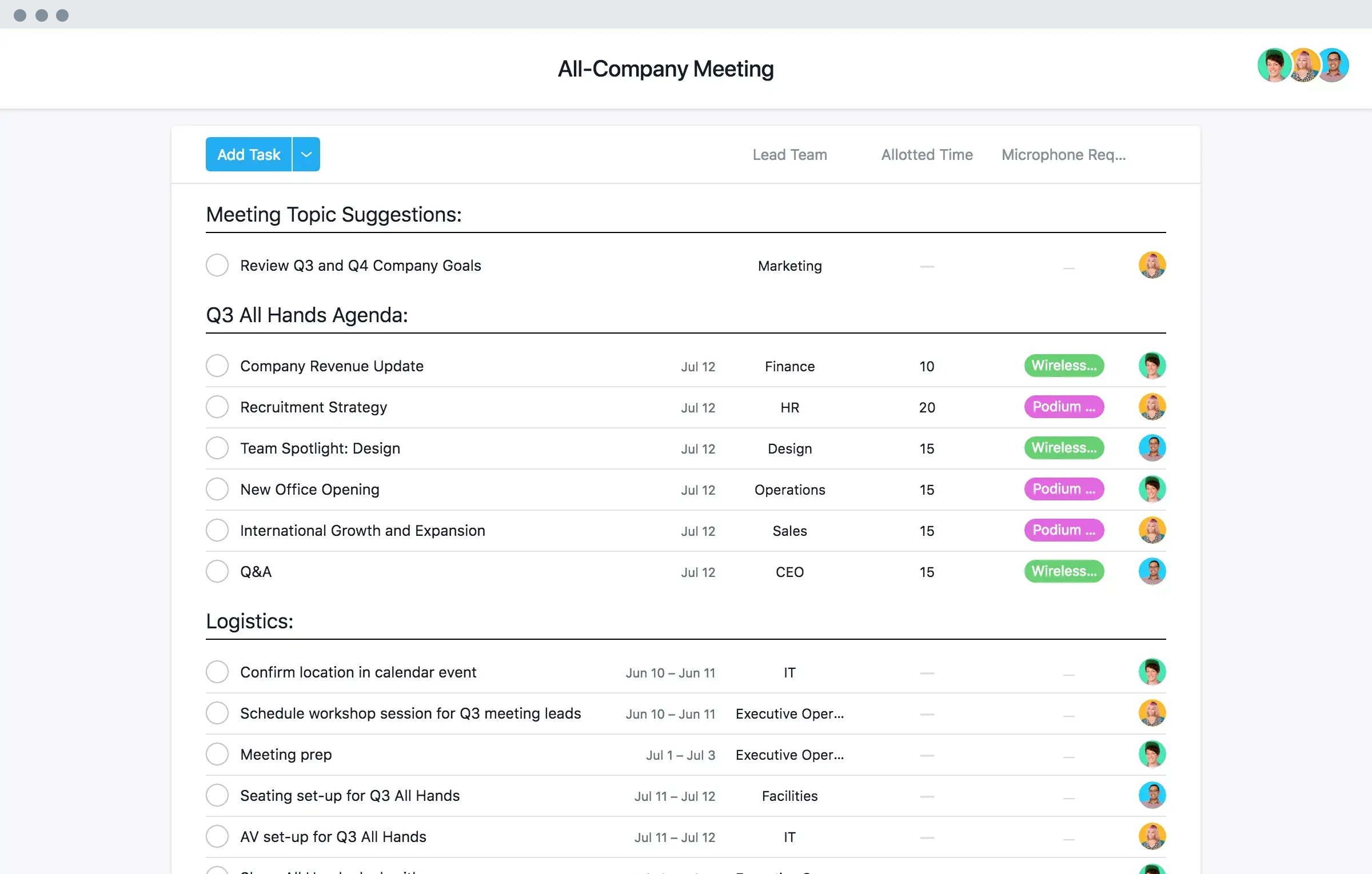 [旧製品 UI] Asana の全社会議用の議題計画用テンプレート、スプレッドシート式プロジェクトビュー (リスト)