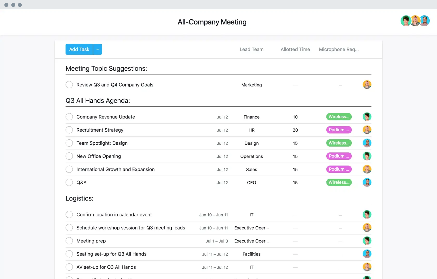 [Old product ui] All company meeting agenda planning template in Asana, spreadsheet-style project view (List)