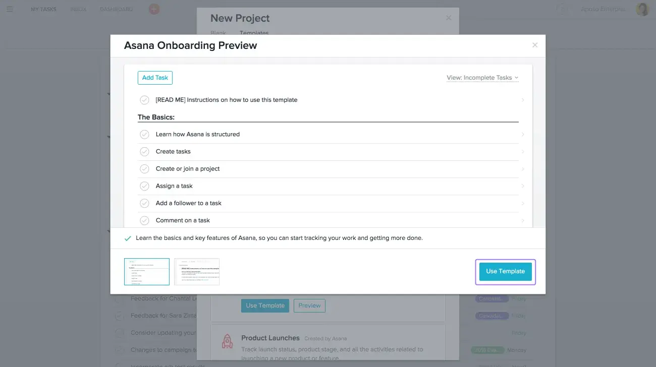 Product UI: Creating a project template in Asana