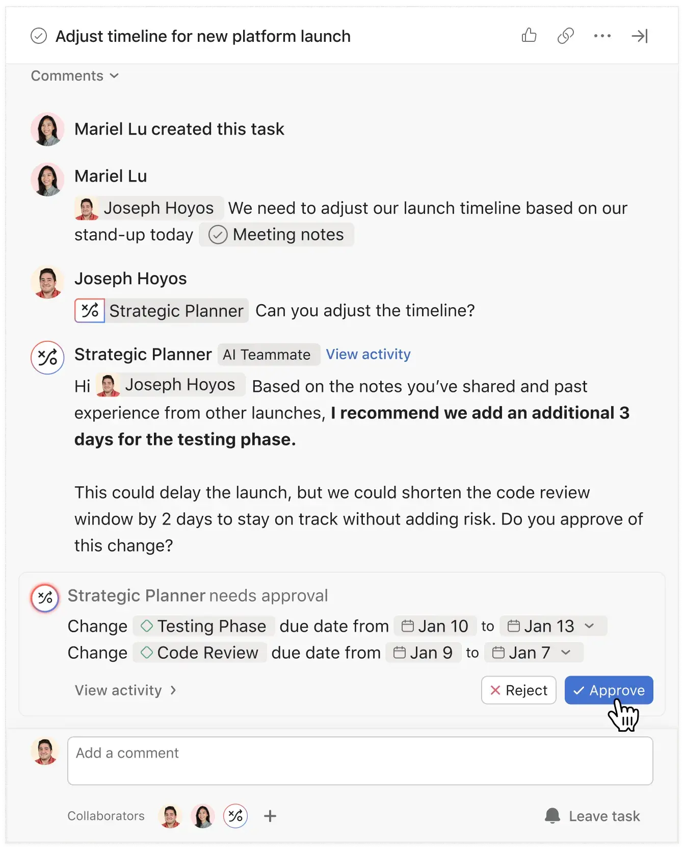 Product UI showing how Asana AI Teammates has built-in checkpoints