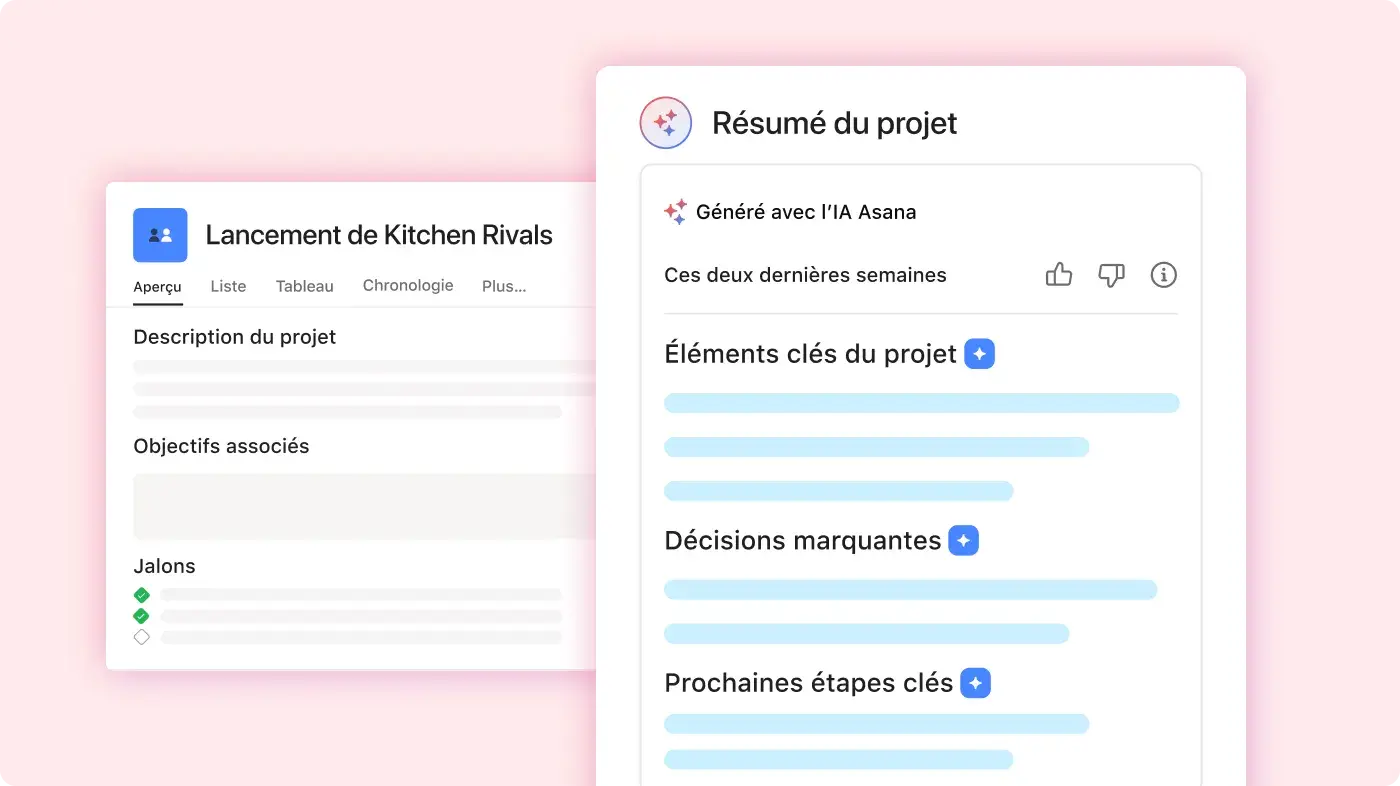 Résumé du projet de lancement de Kitchen Rivals : exemple de l’interface utilisateur produit sur Asana