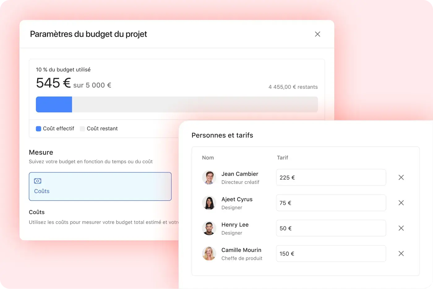 Interface utilisateur du produit indiquant le montant total dépensé sur le budget du projet et le montant restant, sur la base des heures déclarées par toutes les personnes qui contribuent au projet et de leurs tarifs respectifs. 
