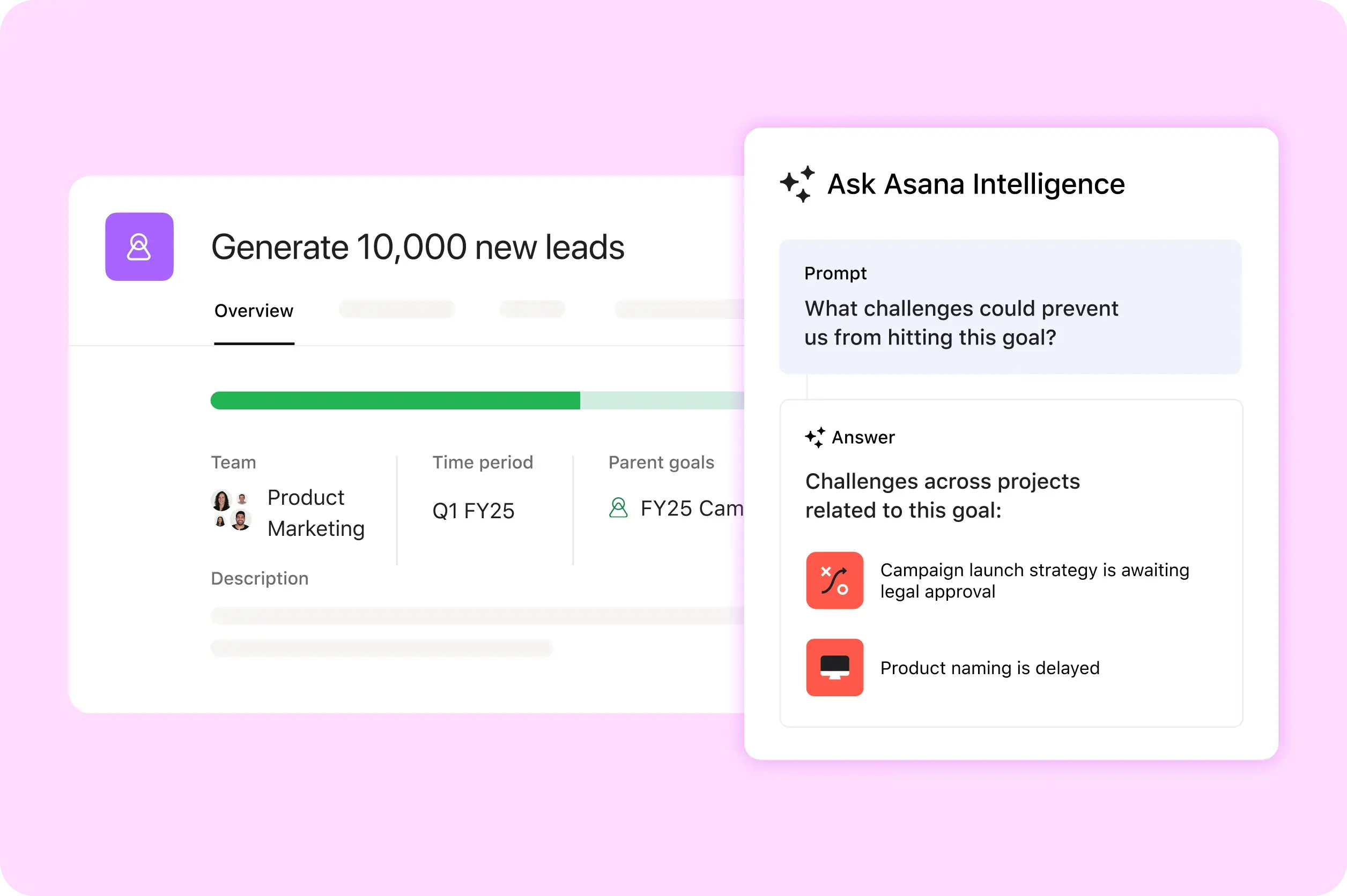 Product UI image showing how Asana's product marketing team uses Asana to track goals related to a product launch.