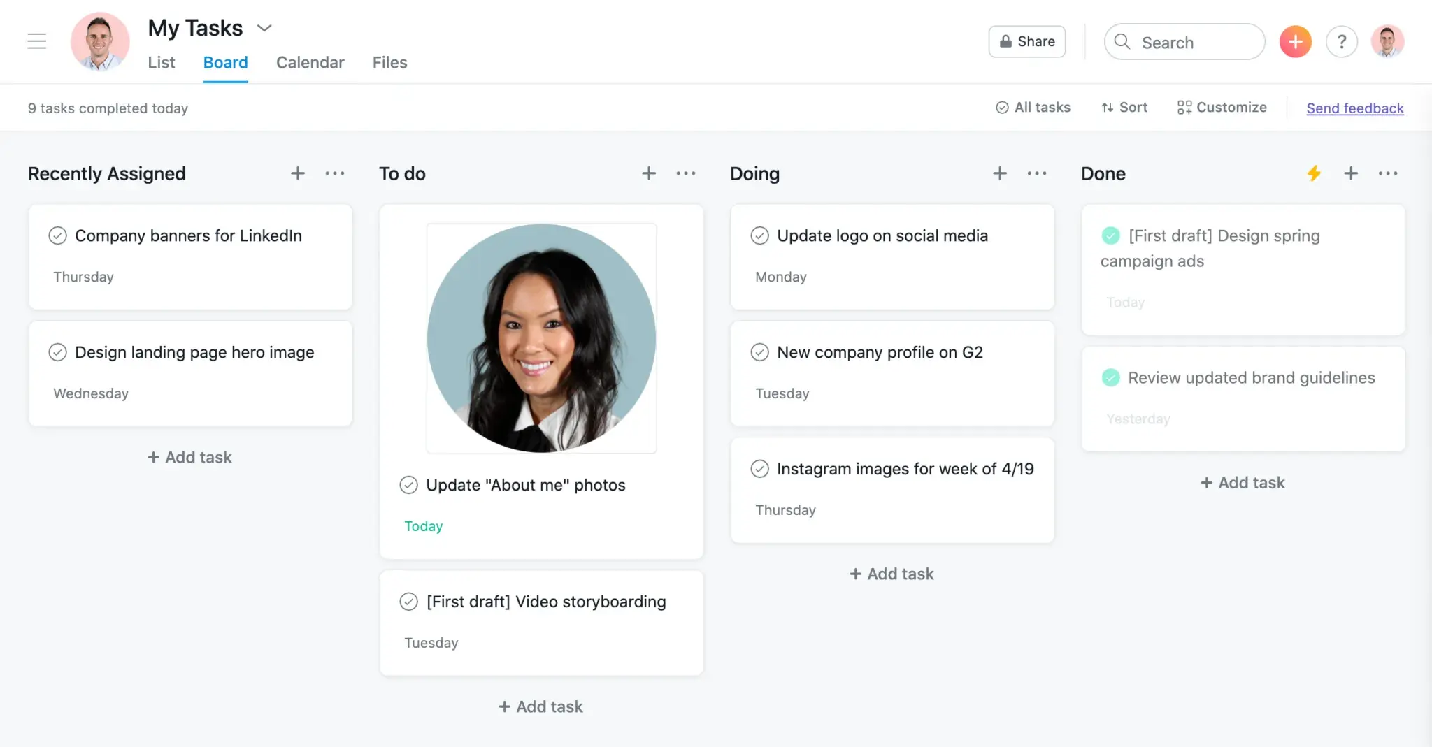 Product UI: My Tasks sorted by progress board in Asana