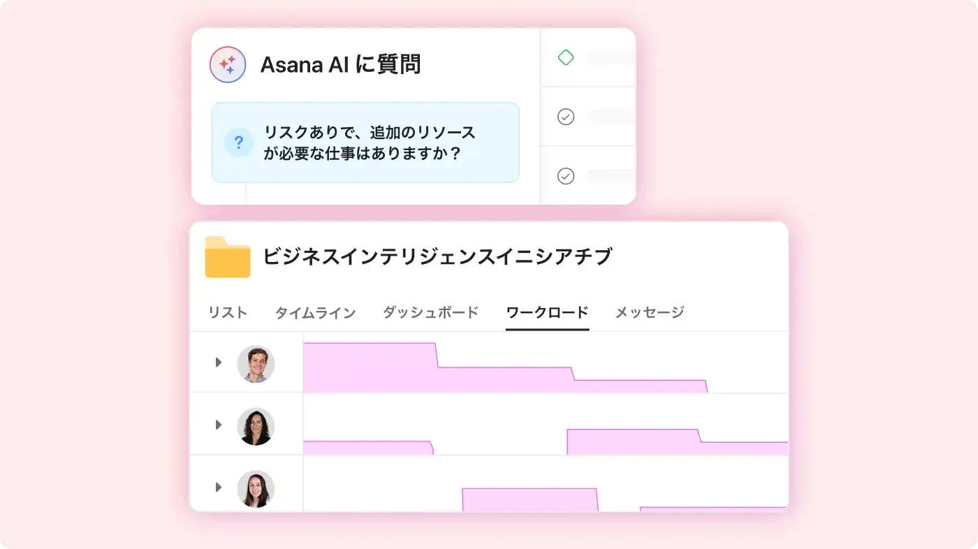 Asana Intelligence を使用している 2 人の社員の画像: 抽象化された Asana 製品 UI