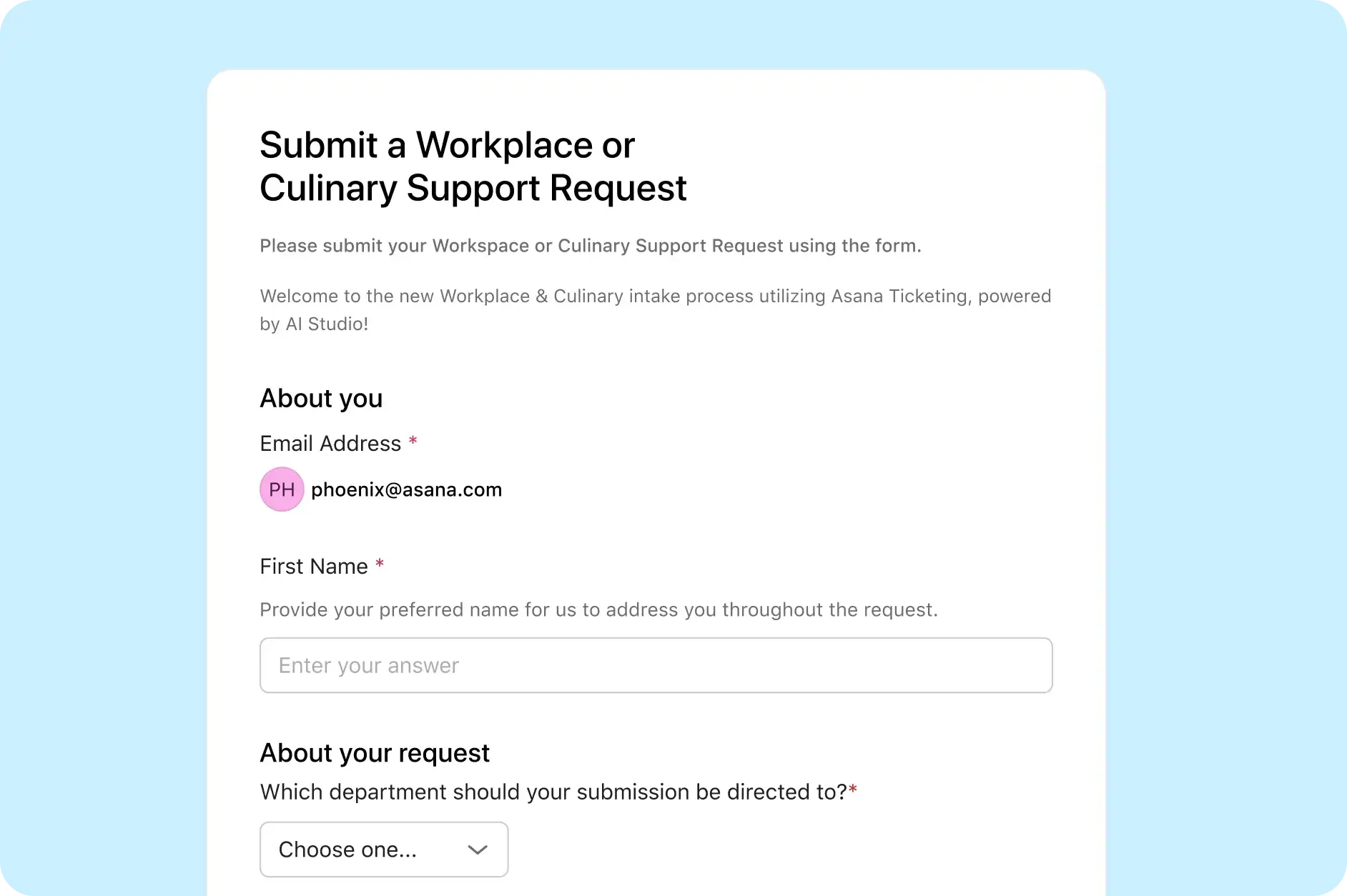 Asana product UI showing a request form for the workplace and culinary team
