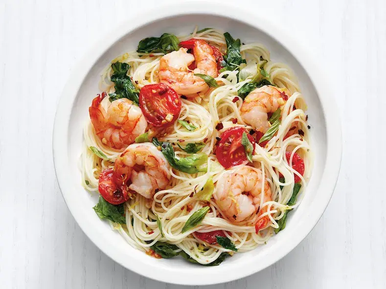 Angel hair pasta with shrimp and greens