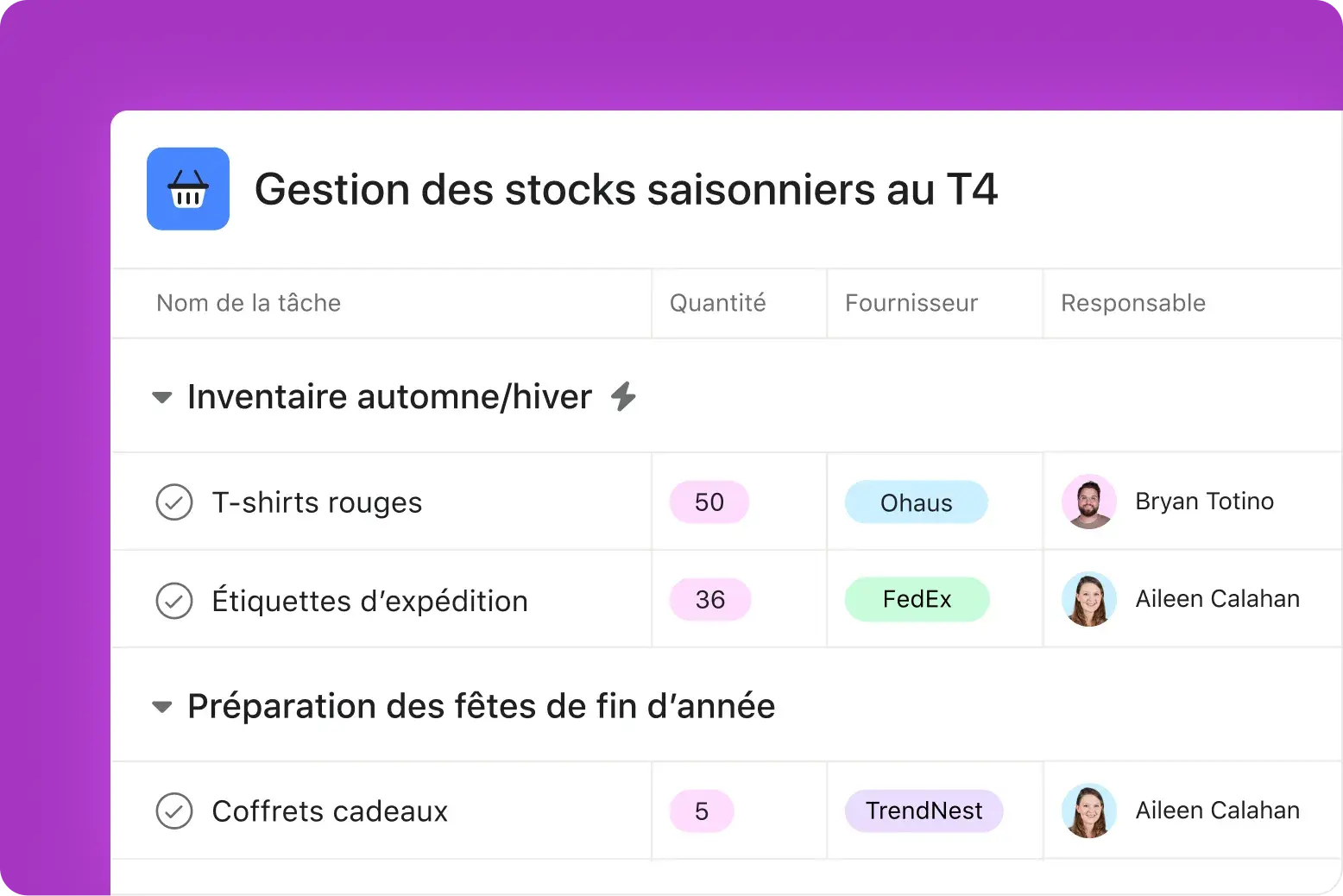 Gestion des stocks et de l’équipement (image de l’interface utilisateur du produit)