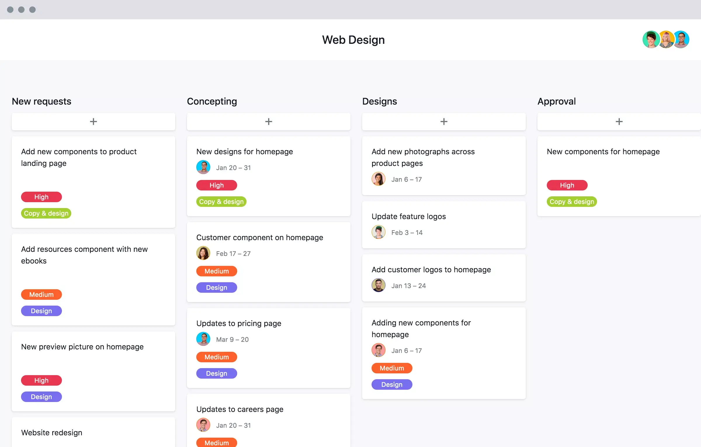 [Interfaz de usuario del producto anterior] Plantilla de proceso de diseño web en Asana, en una vista de proyecto al estilo de un tablero Kanban (tableros)