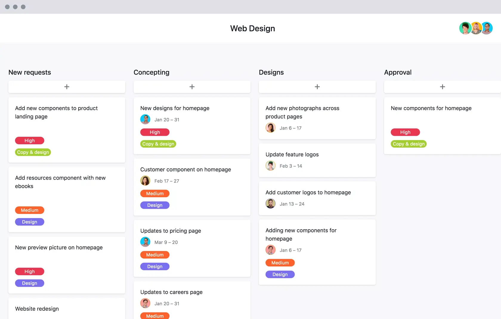 [Old product ui] Web design process template in Asana, Kanban board style project view (Boards)