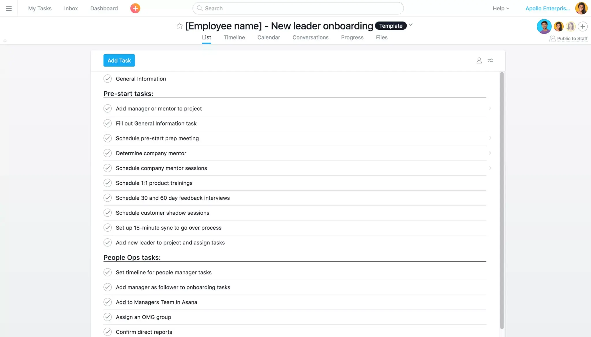 New hire onboarding template in Asana