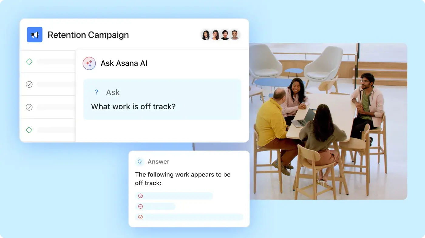 會議中疊加在辦公室員工上的 Asana 產品 UI 中 AI 的圖片