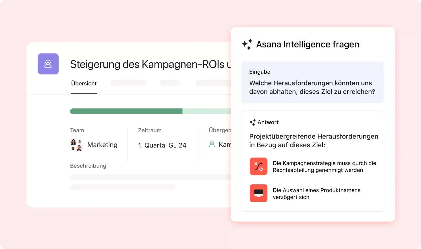 Die Asana-Produkt-UI zeigt, welche Antwort Asana Intelligence auf die Frage „Welche Herausforderungen könnten uns daran hindern, ein Projektziel zu erreichen?“ gibt.