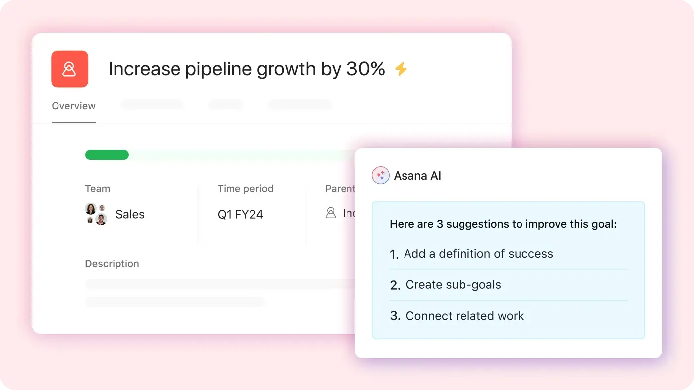 Produkt-UI von Asana AI mit Empfehlungen, wie ein Nutzer ein in Asana festgelegtes Ziel verbessern kann