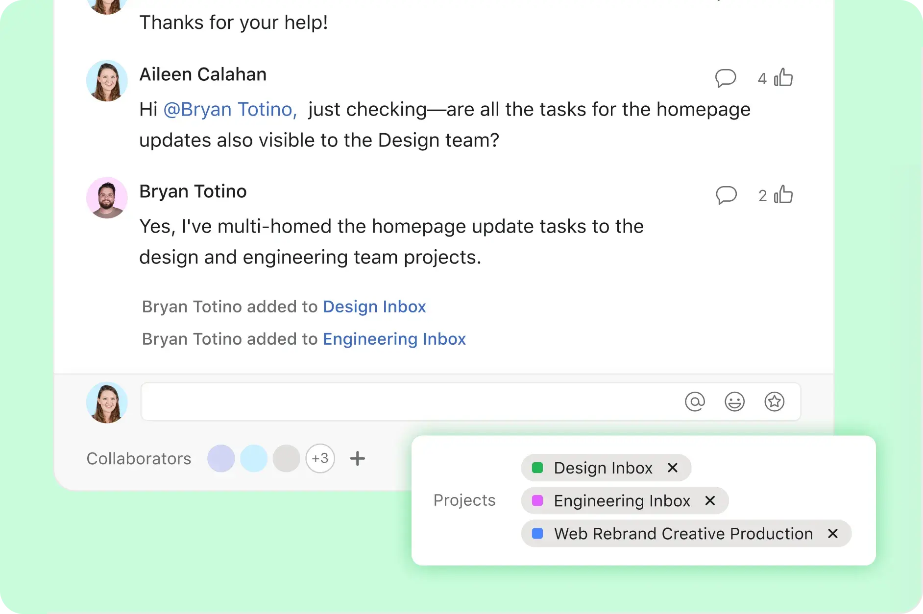 Asana abstracted product UI showcasing Asana's multi-homing features and how the digital team uses them to keep all stakeholders informed