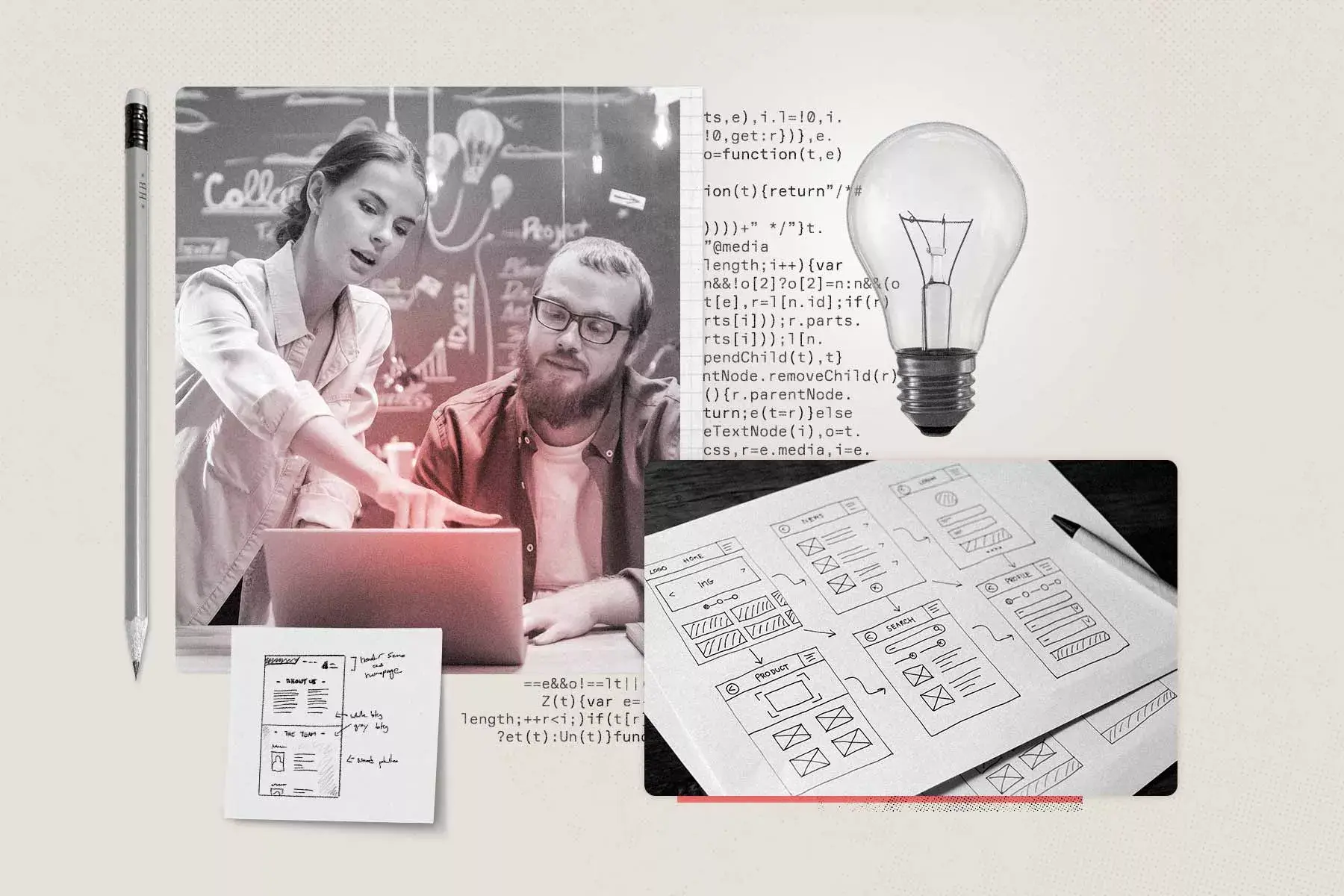 Banner image for an article on creative production. Shows a woman and a man in an office setting working together to turn creative ideas into reality. 