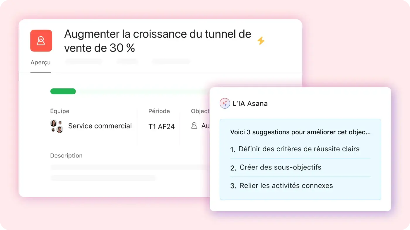 Interface utilisateur du produit de l’IA Asana fournissant des recommandations sur la façon dont un utilisateur peut améliorer un objectif défini sur Asana