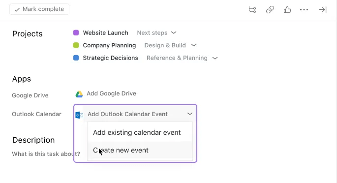 Create new Outlook event from task