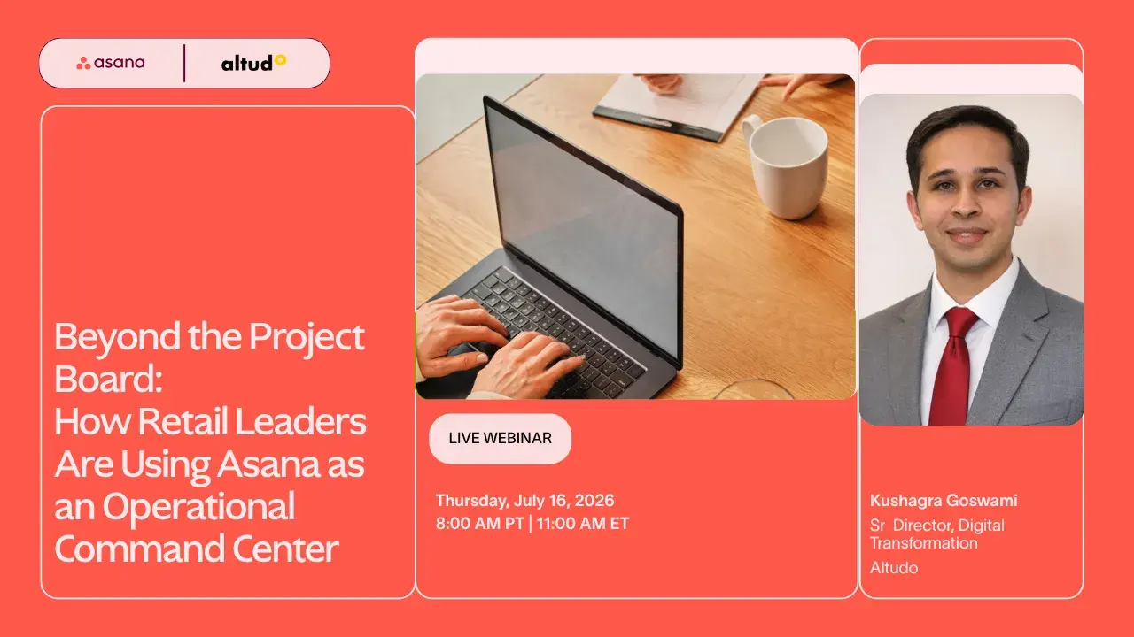 Asana AI logo alongside a grayscale headshot of a smiling woman on a blue background with a microphone icon overlay.