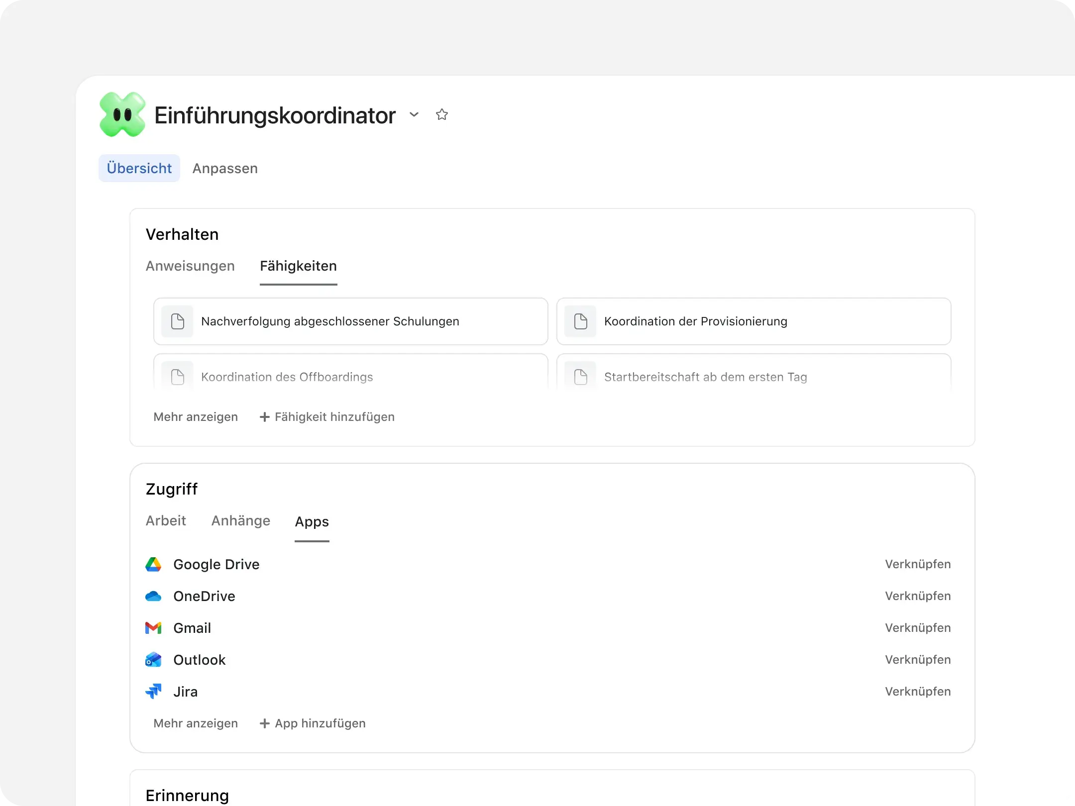 Profil des Asana AI Teamkollegen „Onboarding Buddy“, das vorgeschlagene Aufgaben zeigt, darunter das Verbinden von Apps, das Kennenlernen des Teams und das Kennenlernen der Unternehmenskultur