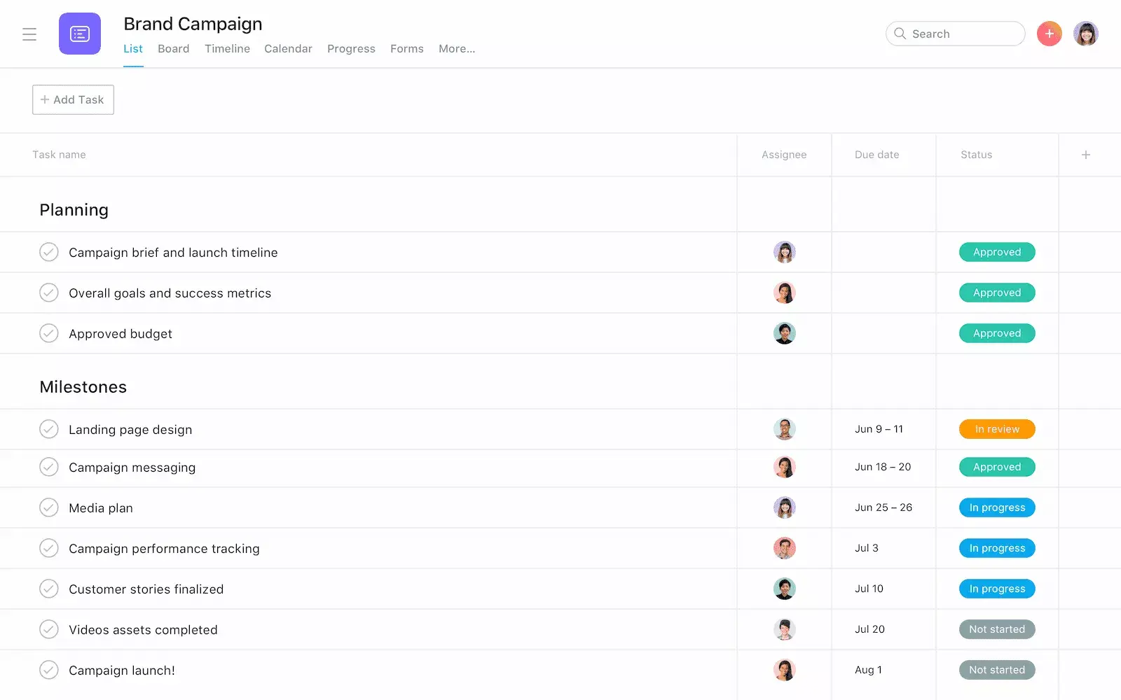 Asana のカスタムフィールドのスクリーンショット