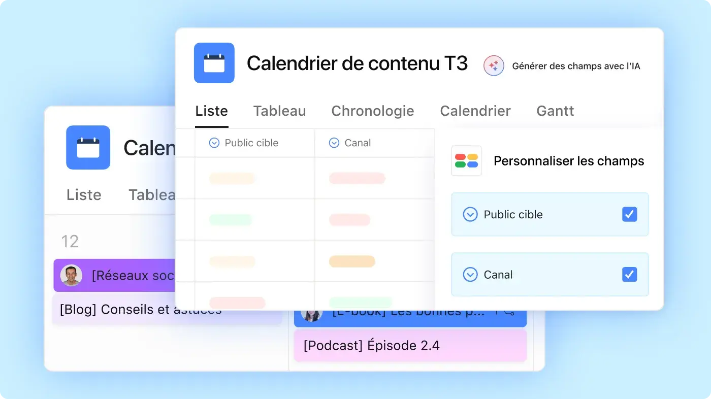 Calendrier de contenu sur Asana - Interface utilisateur produit