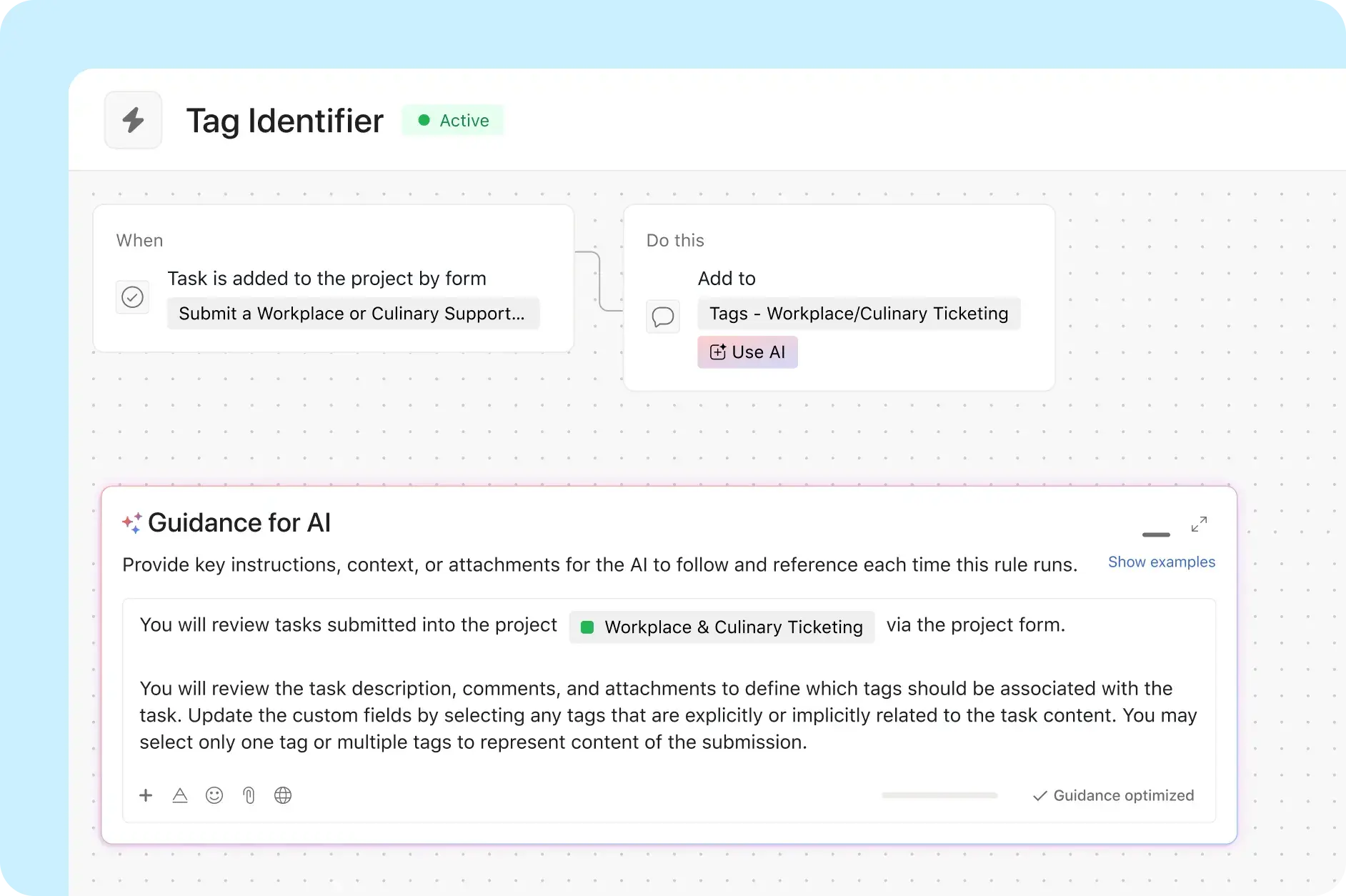 Asana product UI showing AI Studio triaging request submissions