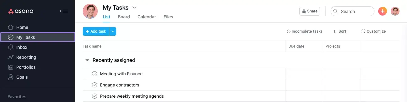 My tasks screen in Asana